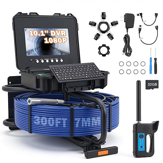 ZELCAN 10.1" Self-Leveling Sewer Camera with 512Hz Locator,Sewer Inspection Camera with 300 ft. Cable & Digital Length Counter, Rechargeable Drain Pipe Camera with Keyboard Wheels 12 LED Lights