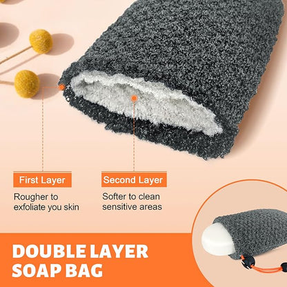 MIG4U Exfoliating Soap Bag for Shower 2 Pieces - Bar Soap Saver Pouch, Bamboo Body Scrubber Exfoliator Pocket in Travel Bathing, Grey, Double Layer