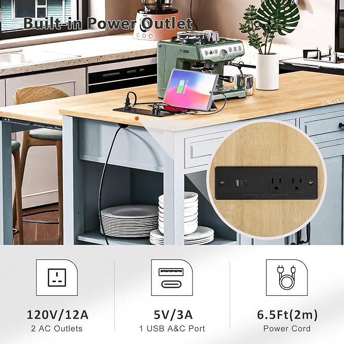 47" Kitchen Island with Extendable Dining Table, Movable Farmhouse Kitchen Islands with Storage Rack, Power Outlet, Island Table on Wheels with 2 Storage Drawers & 2 Cabinets, Grey Blue