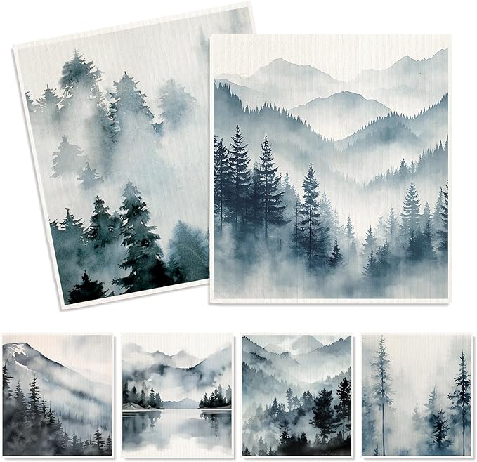 Whaline 6Pcs Dusty Blue Forest Swedish Dishcloths Cotton Kitchen Towels Reusable Absorbent Mountain Forest Dish Towels for Home Party Housewarming Cleaning, 7 x 8 Inch