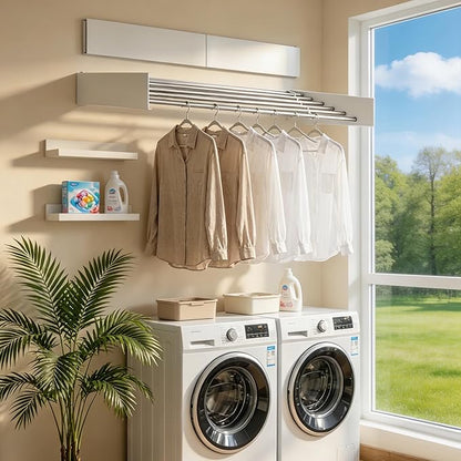 Wall Mounted Clothing Drying Rack 40“ Folds to 1.2” Ultra-Thin Space Saving Clothes Laundry Rack Holds 60 lbs Rust-Resistant Collapsible Space Aluminum for Apartment, RV, Laundry Room, White