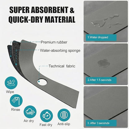Customizable Kitchen Sink Faucet Mat: 24"Lx4"W Grey Bathroom Counter Protector Drip Catcher - Splash Guard with Pre-Cut Center Hole, DIY to Fit Irregular Sink with 2, 3 Holes & Soap Dispenser