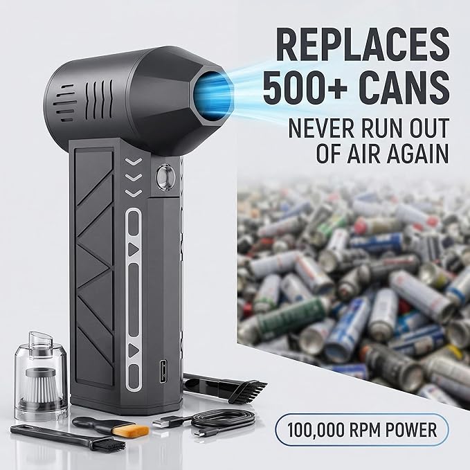 Electric Air Duster Vacuum 2-in-1, Canned Air Alternative Rechargeable Blower with 100,000 RPM, Mini Vacuum for Keyboard, PC, Car Interior, Home Cleaning(Black)