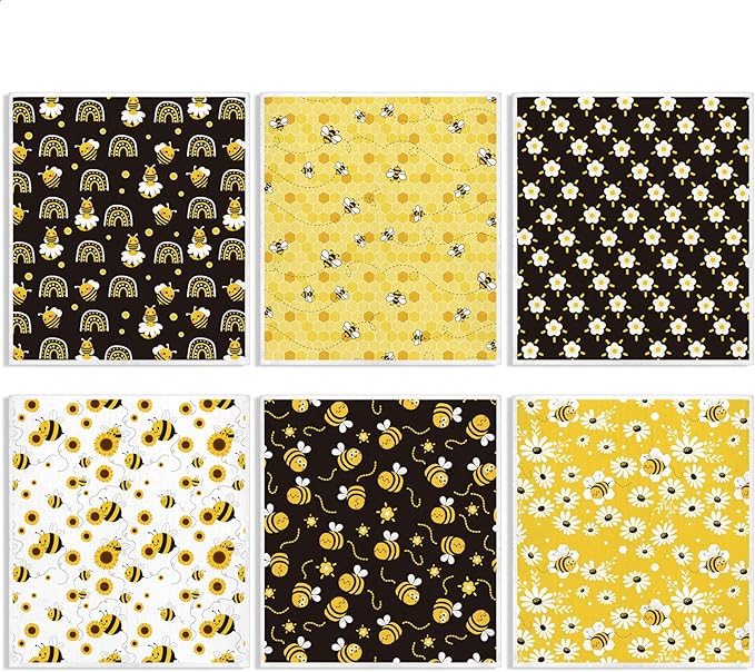 Whaline Bee Swedish Kitchen Dishcloth 6 Pack Bumble Bee Daisy Dish Towels Yellow Black Hand Drying Tea Towels Honeybee Cotton Dishcloth for Spring Summer Cooking Baking Cleaning Wipes, 6.7 x 7.7 Inch