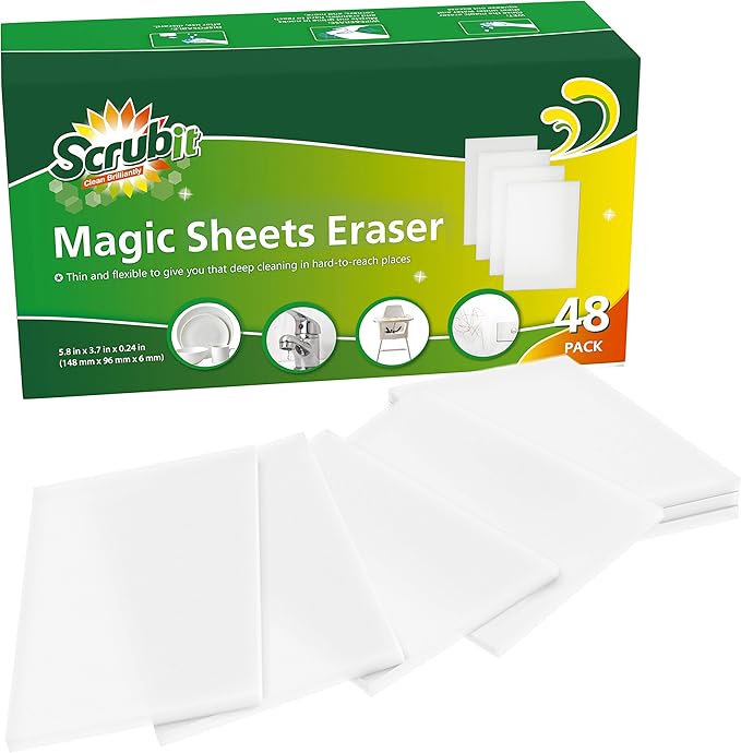 SCRUBIT Magic Sponge Eraser Sheets – 48 Pack Disposable Magic Eraser Wipes - for Cleaning Dishes, Shoes and Bathroom Shower & Sink - Melamine Sponges for Hard to Reach Spaces