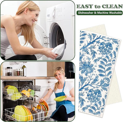AnyDesign 6 Pcs Green Blue Floral Swedish Dishcloths Spring Flower Cotton Kitchen Towel Reusable Absorbent Dish Towel for Home Kitchen Housewarming Cleaning, 7 x 8 Inch