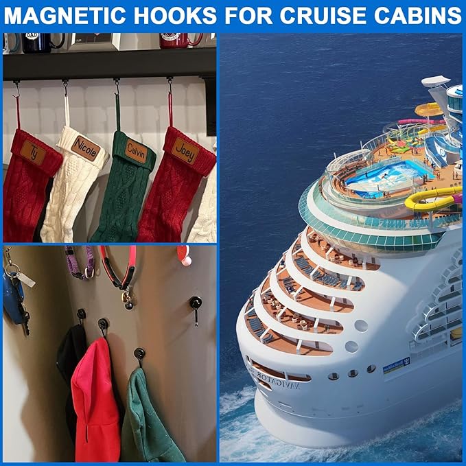 LOVIMAG Hooks, 120lbs+ Magnetic Magnet Hook 2025 Cruise Cabin Ship Essentials Heavy Duty Strong Refrigerator Fridge Hanging for Classroom Beach Vacation Kitchen Grills Home Mug Hanger (8 Pack), Black