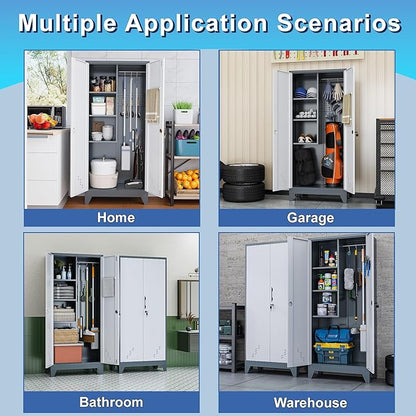 Metal Garage Storage Cabinets with Lock- 61" Tall Broom Closet Storage Cabinet & Pantry Organizer for Laundry Room, Home Office, Gym, School