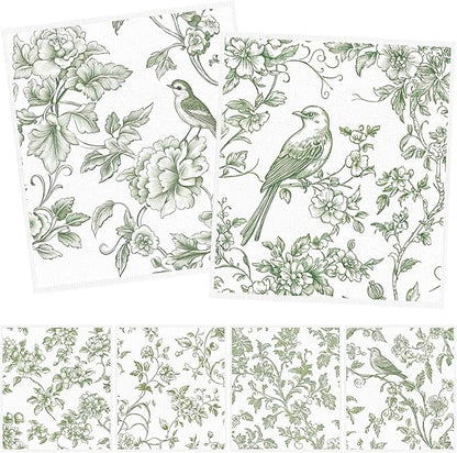 Swedish Dishcloths for Kitchen, 6PCS Sage Green Floral Birds Cellulose Sponge Reusable Paper Towels Washable, Greenery Absorbent Fast Drying Swedish Dish Cloth for Home Cleaning