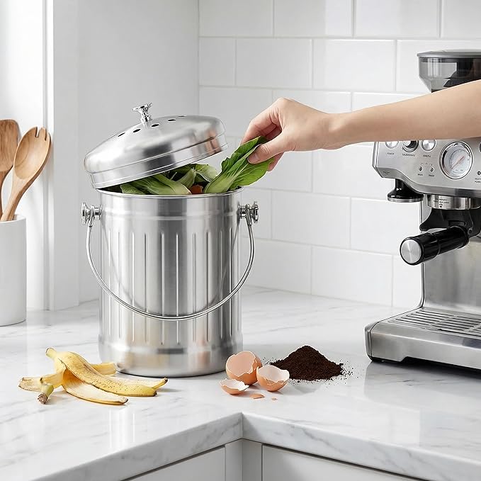 1.3 Gallons 5L Brushed Stainless Steel Kitchen Countertop Undersink Indoor Odorless Composting Compost Bin Countertop Composter with Charcoal Filter Inside Lid Brushed