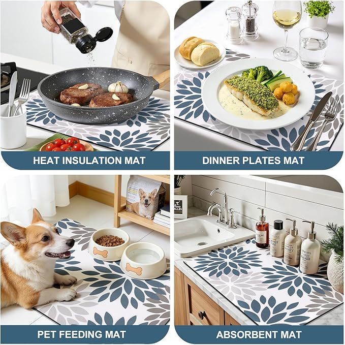 Findosom Floral Dish Drying Mat, 12" x 20" Super Absorbent & Hide Stain Coffee Mat, Cuttable Drying Mat for Kitchen Counter, Under Dish Rack, Coffee Maker, Espresso Machine, Blue