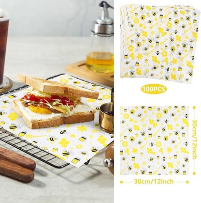 GeeRic 100 Pcs Wax Paper Sheets for Food, 12 * 12 Inch Bee Day Wax Paper Sandwich Wrap Deli Wraps, Oil-Proof Picnic Basket Liners with Bee Pattern for Memorial Day