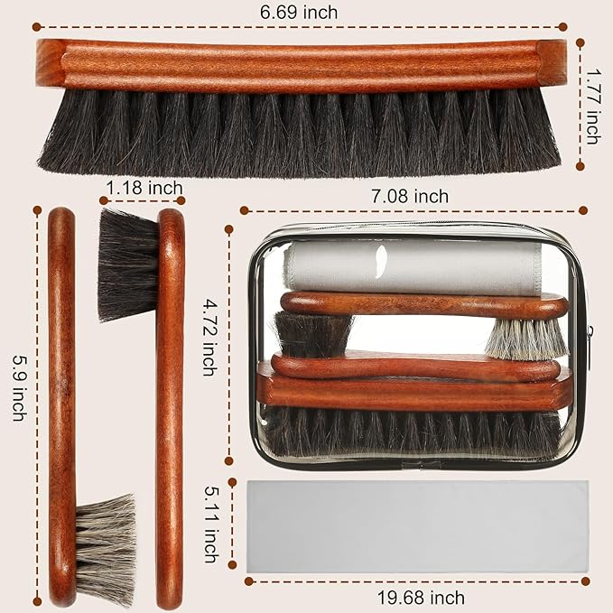 4Pcs Shoe Brush, Premium Horse Hair Brush for Leather, Professional Shoe Polish Brush, Long-lasting Shoe Cleaning Brush, 100 Percent Horsehair Shoe Brush Shine Kit for Cleaning and Polishing