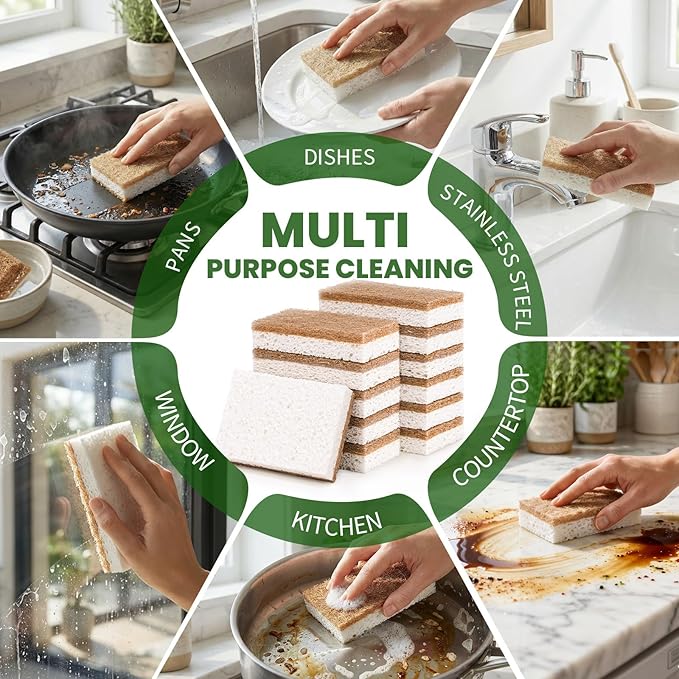 Metflavor 48 Pack Natural Kitchen Sponges, Biodegradable Non-Scratch Cellulose Sponge with Coconut Scrubber for Dishes, Compostable, Non Toxic Cleaning Sponges for Kitchen, Bathroom, Household