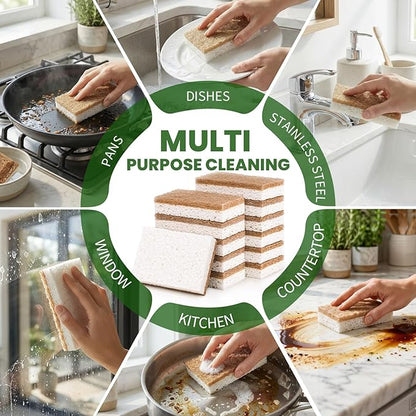 Metflavor 48 Pack Natural Kitchen Sponges, Biodegradable Non-Scratch Cellulose Sponge with Coconut Scrubber for Dishes, Compostable, Non Toxic Cleaning Sponges for Kitchen, Bathroom, Household