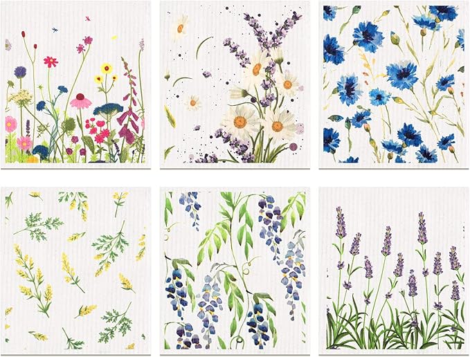Remagr Swedish Kitchen Dish Towels Wildflowers Reusable Sponge Cleaning Cloths Absorbent Quick Drying Washable Cleaning Wipes No Odor Hand Towel (6)