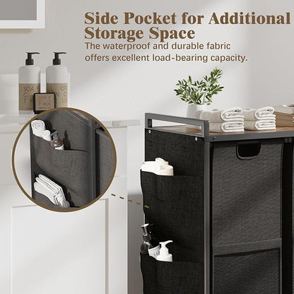 Huhote Laundry Hamper, Laundry Basket, Laundry Sorter with Top Shelf & 3 Removable Washable Bags & Side Pockets for Laundry Room organization, Bathroom and Dorm, Rustic Brown and Black