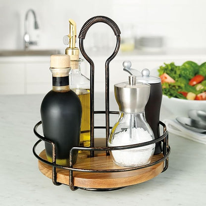 Mikasa Gourmet Basics Hanover Condiment Caddy with Rotating Caddy Organizer Design, Acacia Wood Insert - Durable, BPA-Free, Heavy-Gauge Carbon Structured Steel for Condiment Storage