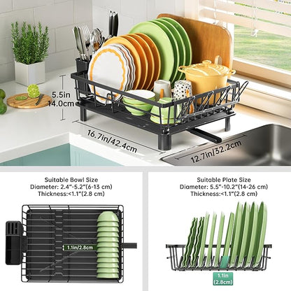 Dish Drying Rack, Dish Racks for Kitchen Counter, Detachable Dish Drainer with Drainboard, Utensil Holder, Cup Holder, Space Saving Kitchen Drying Rack for Small Home and Appartment, Black