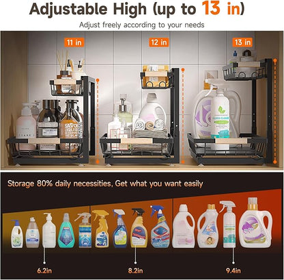 Sevenblue 2 Packs Under Sink Organizer, Height Adjustable 2 Tier Under Kitchen Sink Organizer, Multi-Purpose Storage Shelf for Kitchen Bathroom Cabinet
