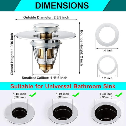 Universal Bathroom Sink Stopper - Stainless Steel Bounce Drain Filter, Pop Up Drain Stopper, Bullet Core Push Type Sink Stopper for Wash Basin, Sink Drain Plug with Anti-Clogging Strainer, Chrome
