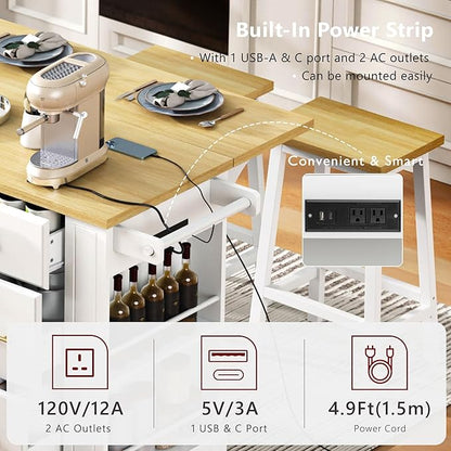51.2" Kitchen Island with 6 Drawers, Pull Out Trash Can Storage, Rolling Kitchen Island on 5 Wheels with Drop Leaf, Power Outlet, 5 Open Side Racks for Kitchen, Dining Room, White