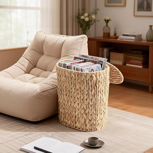 BSSN Water Hyacinth Wicker Trash Can with Lid and Tissue Box Cover Set, 3 Gallon Rattan Bathroom Wastebasket, Boho Bathroom Accessories for Bedroom, Toilet, Office, Natural