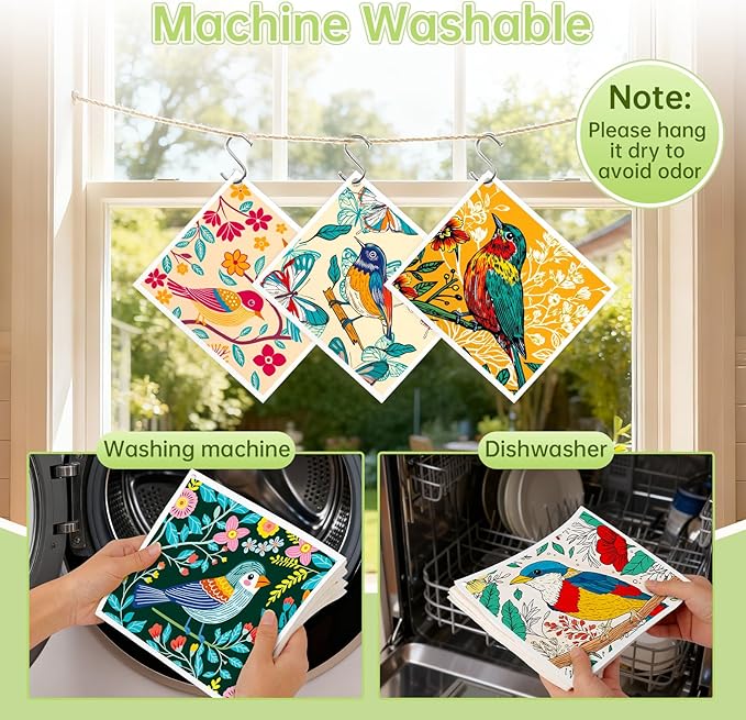 Swedish Dishcloths for Kitchen, 5 Pack Floral Bird Reusable Paper Towels with 3 Hooks, Washable Dish Cloth Set, Absorbent Cleaning Cloth for Home Washing Dishes Housewarming Gifts for Friend