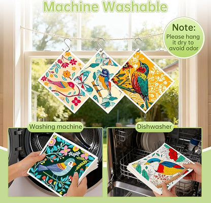 Swedish Dishcloths for Kitchen, 5 Pack Floral Bird Reusable Paper Towels with 3 Hooks, Washable Dish Cloth Set, Absorbent Cleaning Cloth for Home Washing Dishes Housewarming Gifts for Friend