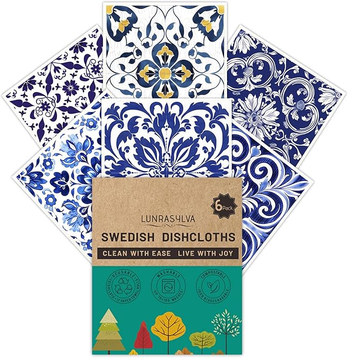 Swedish Dishcloths 6 Pack, Reusable Paper Towels Super Absorbent and Quick Drying for Kitchen, Biodegradable Washable Dish Towels Dishwasher Safe, Cleaning Cloths with WaterColor Design (Grid)