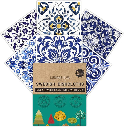 Swedish Dishcloths 6 Pack, Reusable Paper Towels Super Absorbent and Quick Drying for Kitchen, Biodegradable Washable Dish Towels Dishwasher Safe, Cleaning Cloths with WaterColor Design (Grid)