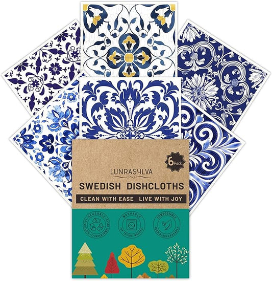 Swedish Dishcloths 6 Pack, Reusable Paper Towels Super Absorbent and Quick Drying for Kitchen, Biodegradable Washable Dish Towels Dishwasher Safe, Cleaning Cloths with WaterColor Design (Grid)