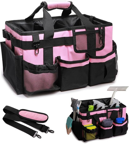 14 inch Large Cleaning Supplies Organizer, Pink Tool Bag with Handle & Adjustable Shoulder Straps, Cleaning Bags for Housekeepers, Cleaners, Cleaning Supply Caddy
