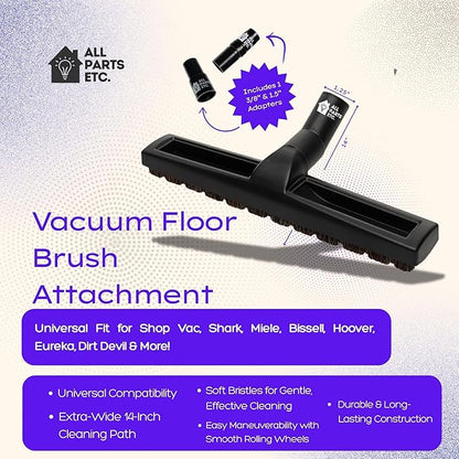 14” Vacuum Floor Brush Attachment for 1.25” Hoses – Includes 1 3/8” & 1.5” Adapters – Universal Fit for Shop Vac, Shark, Miele, Bissell, Hoover, Eureka, Dirt Devil & More