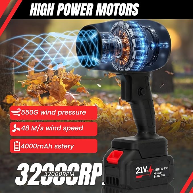 Cordless Handheld Leaf Blower with 2 x 4.0 Ah Batteries, 32000RPM Turbo Jet Blower, Small Leaf Blower for Deck, Garden, Patio, Portable Handheld Mini Turbine Drying Snow Blower Black