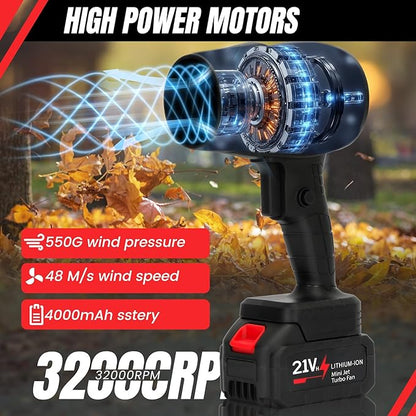Cordless Handheld Leaf Blower with 2 x 4.0 Ah Batteries, 32000RPM Turbo Jet Blower, Small Leaf Blower for Deck, Garden, Patio, Portable Handheld Mini Turbine Drying Snow Blower Black