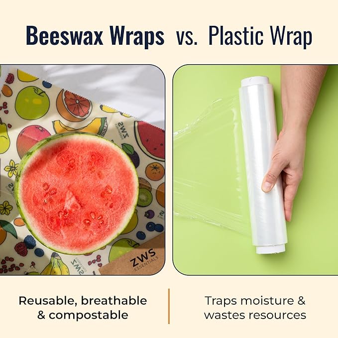 Beeswax Wraps, Reusable Cotton Food Storage Set for Kitchen, Lunch, Bread, Snacks, Bowls. Eco-Friendly Plastic-Free Alternative. 3-Pack Assorted - Fruits by Zero Waste Store