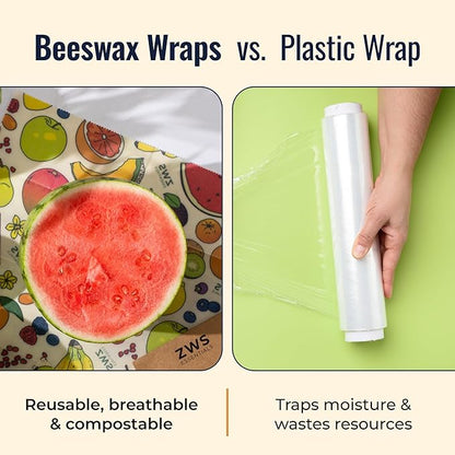 Beeswax Wraps, Reusable Cotton Food Storage Set for Kitchen, Lunch, Bread, Snacks, Bowls. Eco-Friendly Plastic-Free Alternative. 3-Pack Assorted - Fruits by Zero Waste Store