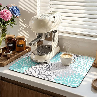 Findosom Dish Drying Mat, 12" x 20" Super Absorbent Dish Mat with Floral, Hide Stain Drying Mat for Kitchen Counter, Under Dish Rack, Coffee Maker, Espresso Machine, Teal