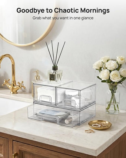 Vtopmart Stackable Storage Drawers Set of 3,Clear Plastic Organizer Bins for Makeup, Cosmetics, Beauty Supplies,Ideal for Vanity, Bathroom,Cabinet,Pantry Organization