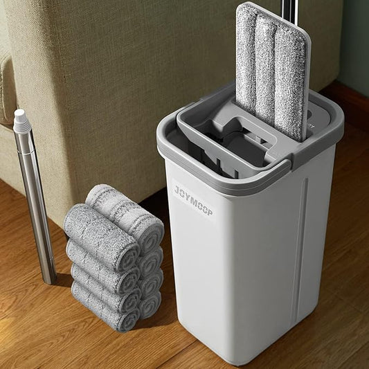 JOYMOOP Mop and Bucket Set, Hands-Free Flat Floor Mop, 8 Washable Microfiber Pads, Wet and Dry Use, Commercial & Household Floor Cleaning System, Ideal for Home and Office