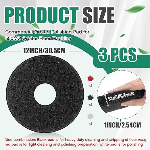 Teenyyou 3 Pcs 12" Cleaning Orbiter Pads Commercial Floor Buffer Pads Hardwood Floor Maintenance Scrubber Polisher Cleaning and Stripping for Orbiter Machine (Black,Red,White)