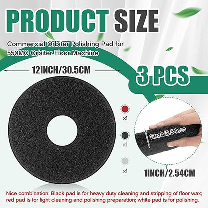 Teenyyou 3 Pcs 12" Cleaning Orbiter Pads Commercial Floor Buffer Pads Hardwood Floor Maintenance Scrubber Polisher Cleaning and Stripping for Orbiter Machine (Black,Red,White)