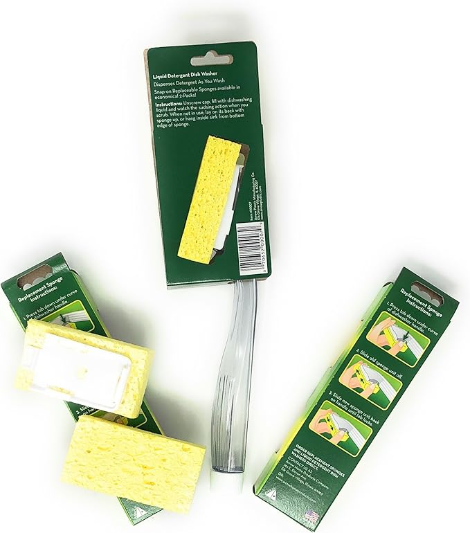 Arrow Home Products Dish Sponge w/Soap Dispenser Handle & 4 Refill Sponges - Fillable Dish Wand for Quick, Convenient Cleaning - Made in USA - Easy to Refill, Built-in Scrubber, for Dishes & Pans