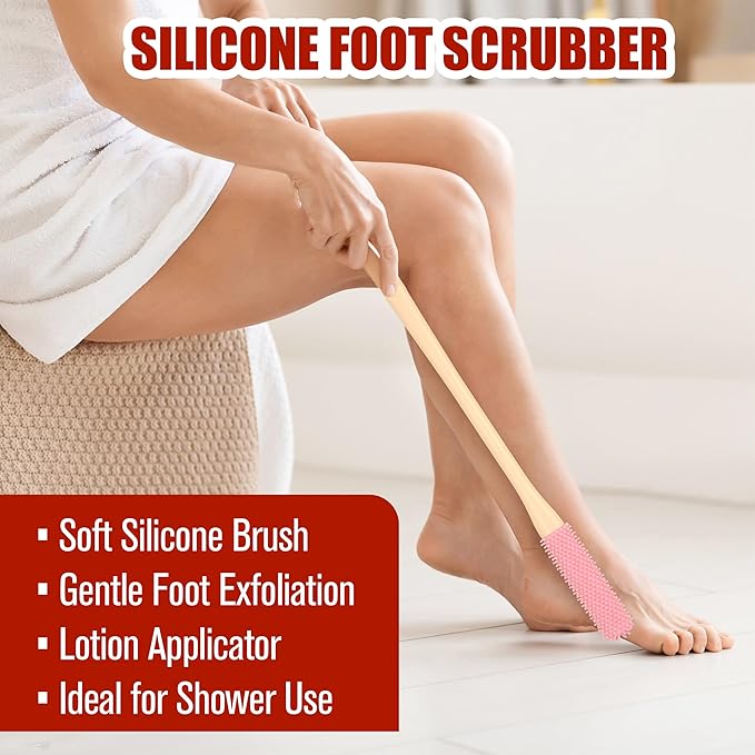 2 Pack Toe Cleaning Brush - Long Handled Portable Silicone Gap Brushes, Soft Rubber Exfoliating Foot Scrubber for Bath Shower, Crevice Gentle Cleaner for Seniors Elderly Men & Women Feet Scrub, Pink