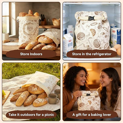 2 Pack Reusable Beeswax Bread Bags for Sourdough Homemade Bread, 17x13-Inch Cotton Storage Bags with Lock Closure, Fresh-Keeping for Fridge, Freezer & Daily Use(2 pack bread bag and 1 wraps)