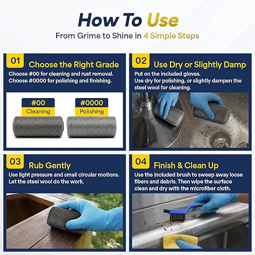 Steel Wool Cleaning & Polishing Kit, 6Pcs 00 & 6Pcs 0000 Steel Wool Pads with Brush, 2 Microfiber Cloths & 12 Pairs Nitrile Gloves, 0000 Steelwool for Wood, Metal, Cookware, Grill & Tools