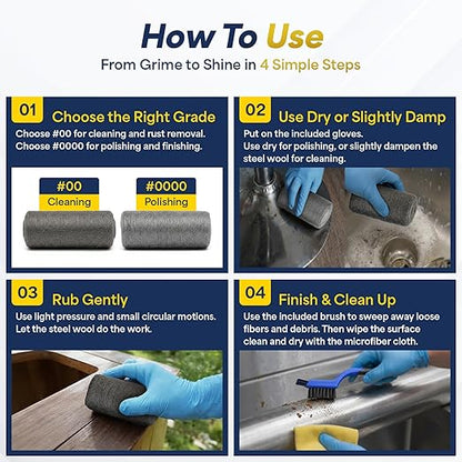 Steel Wool Cleaning & Polishing Kit, 6Pcs 00 & 6Pcs 0000 Steel Wool Pads with Brush, 2 Microfiber Cloths & 12 Pairs Nitrile Gloves, 0000 Steelwool for Wood, Metal, Cookware, Grill & Tools