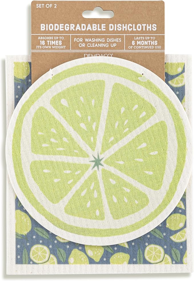 DEMDACO Reusable Biodegradable Kitchen Cleaning Dish Cloth from Design Serving Collection 6 x 7 Inch Cotton Blend Lime Assorted Set of 2