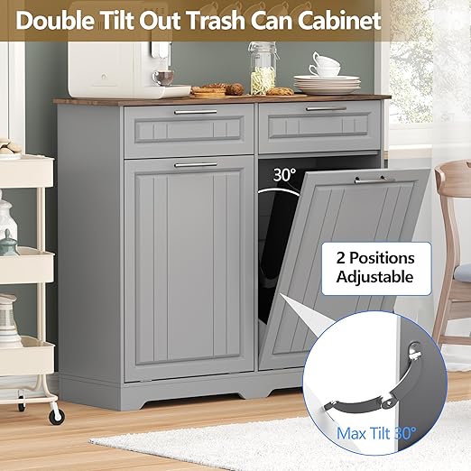 Double 10 Gallon Tilt Out Trash Can Cabinet with Deodorizing Function, Wooden Hidden Garbage Can Holder with Storage Drawers for Kitchen and Dining Room, Laundry Hamper Cabinet for Bathroom, Grey